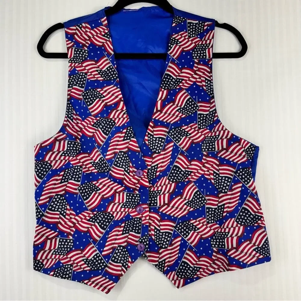 Vintage Color Trend American Flag Print Vest USA Patriotic July 4 Festive Small